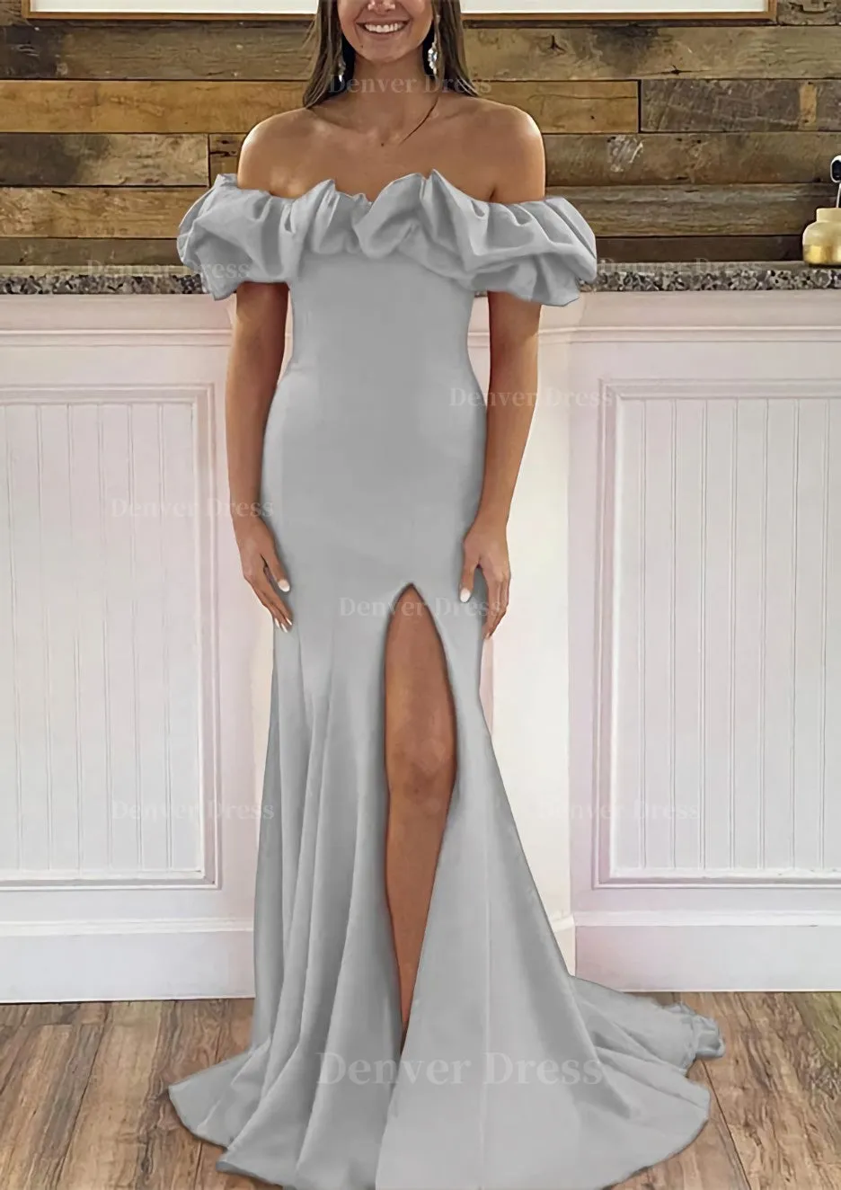 Sheath/Column Off-the-Shoulder Sleeveless Sweep Train Satin Prom Dress With Ruffles Split