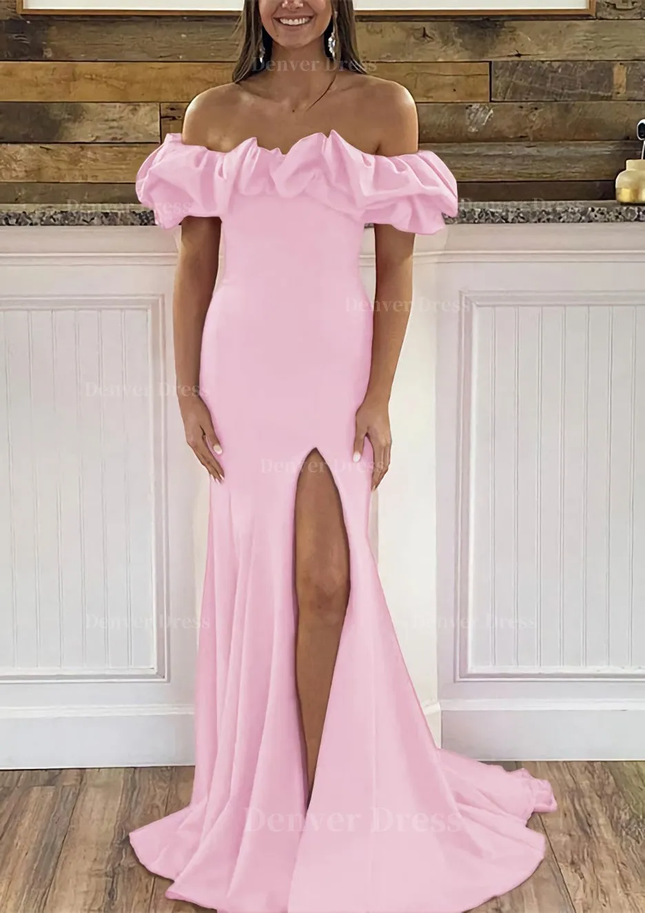 Sheath/Column Off-the-Shoulder Sleeveless Sweep Train Satin Prom Dress With Ruffles Split
