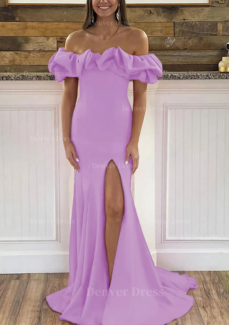Sheath/Column Off-the-Shoulder Sleeveless Sweep Train Satin Prom Dress With Ruffles Split