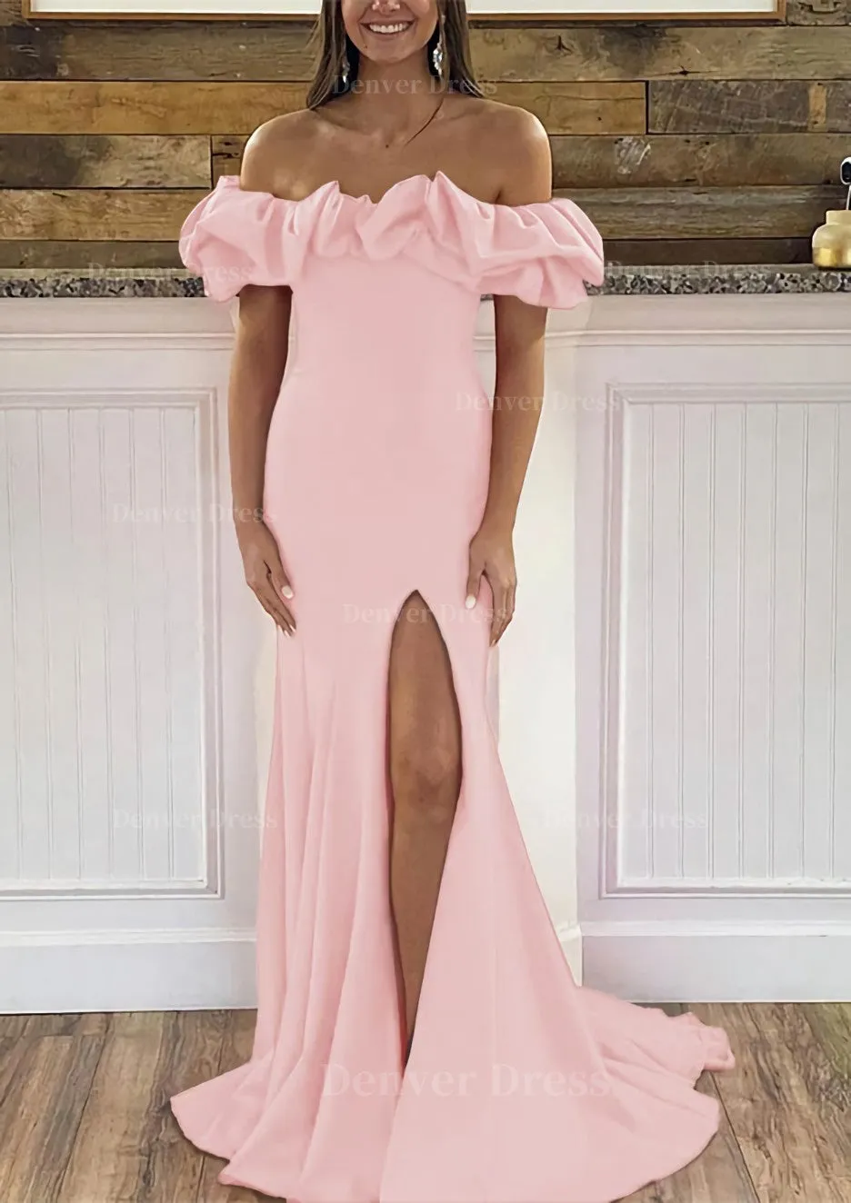 Sheath/Column Off-the-Shoulder Sleeveless Sweep Train Satin Prom Dress With Ruffles Split
