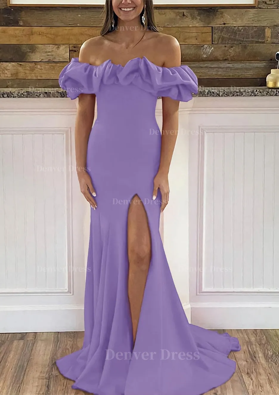 Sheath/Column Off-the-Shoulder Sleeveless Sweep Train Satin Prom Dress With Ruffles Split