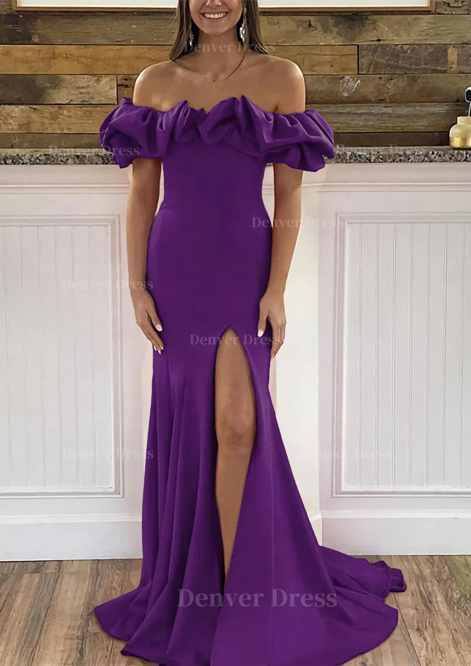 Sheath/Column Off-the-Shoulder Sleeveless Sweep Train Satin Prom Dress With Ruffles Split