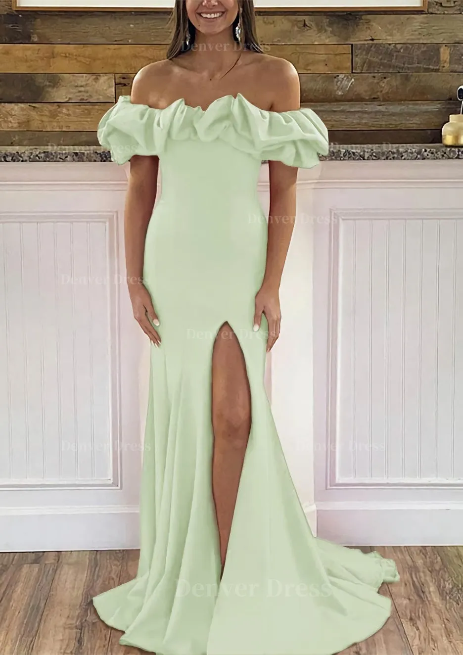 Sheath/Column Off-the-Shoulder Sleeveless Sweep Train Satin Prom Dress With Ruffles Split