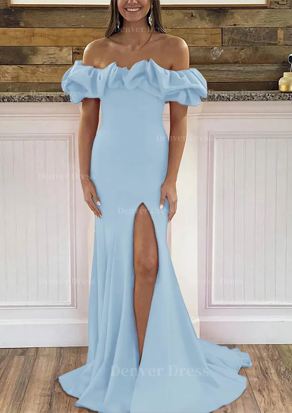 Sheath/Column Off-the-Shoulder Sleeveless Sweep Train Satin Prom Dress With Ruffles Split