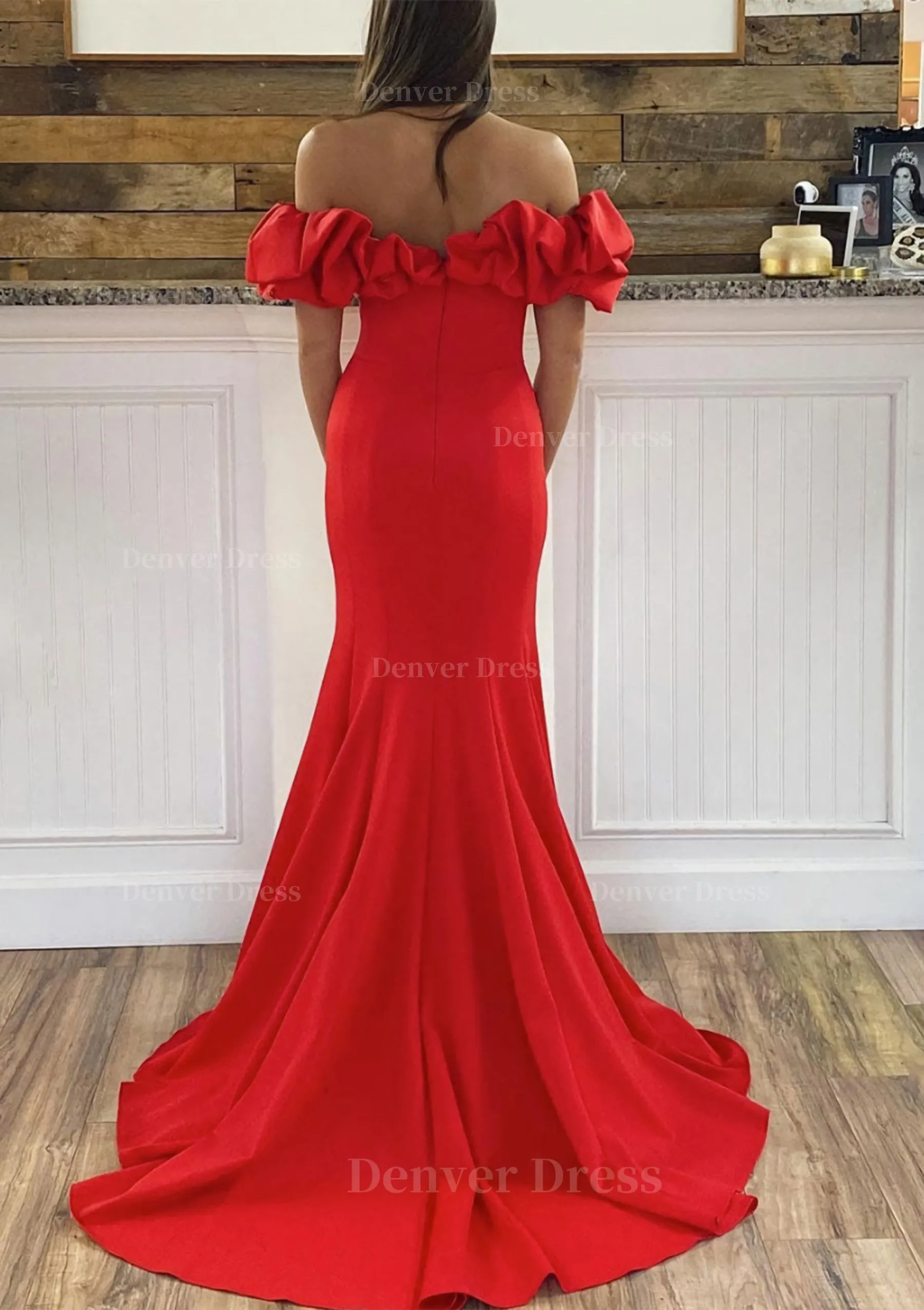 Sheath/Column Off-the-Shoulder Sleeveless Sweep Train Satin Prom Dress With Ruffles Split