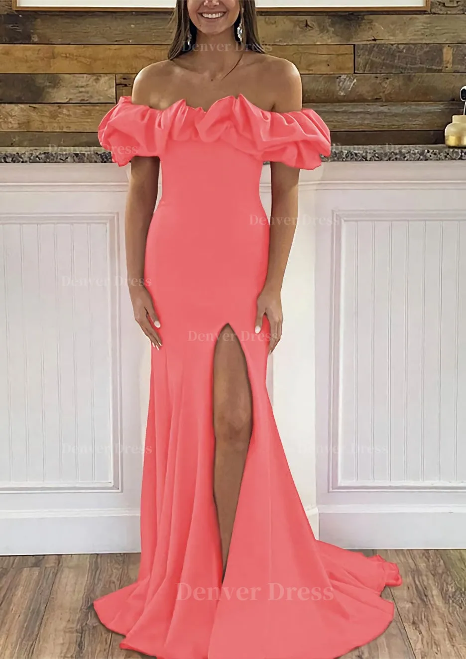 Sheath/Column Off-the-Shoulder Sleeveless Sweep Train Satin Prom Dress With Ruffles Split