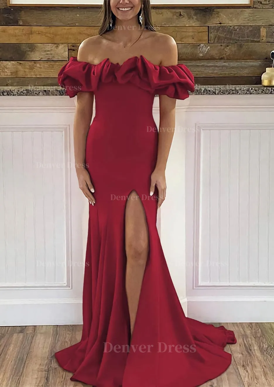 Sheath/Column Off-the-Shoulder Sleeveless Sweep Train Satin Prom Dress With Ruffles Split