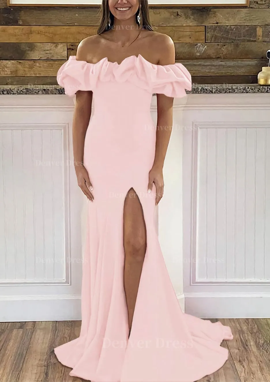 Sheath/Column Off-the-Shoulder Sleeveless Sweep Train Satin Prom Dress With Ruffles Split