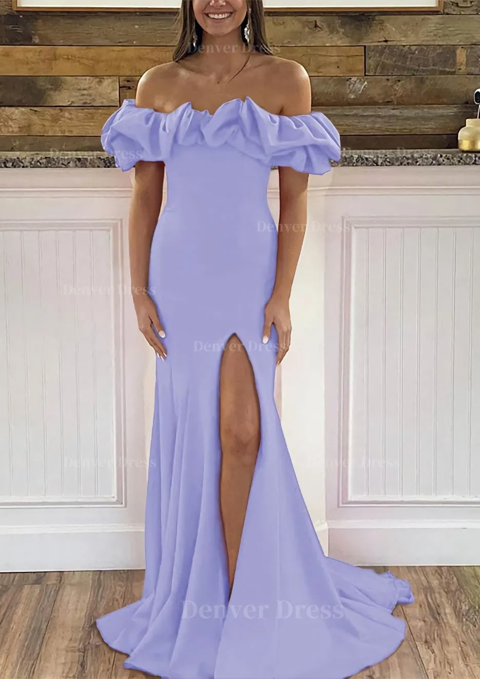 Sheath/Column Off-the-Shoulder Sleeveless Sweep Train Satin Prom Dress With Ruffles Split
