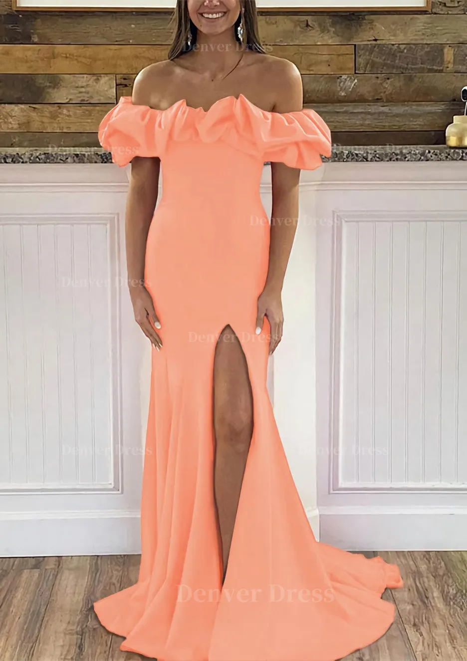 Sheath/Column Off-the-Shoulder Sleeveless Sweep Train Satin Prom Dress With Ruffles Split
