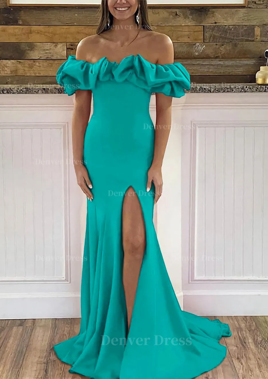 Sheath/Column Off-the-Shoulder Sleeveless Sweep Train Satin Prom Dress With Ruffles Split