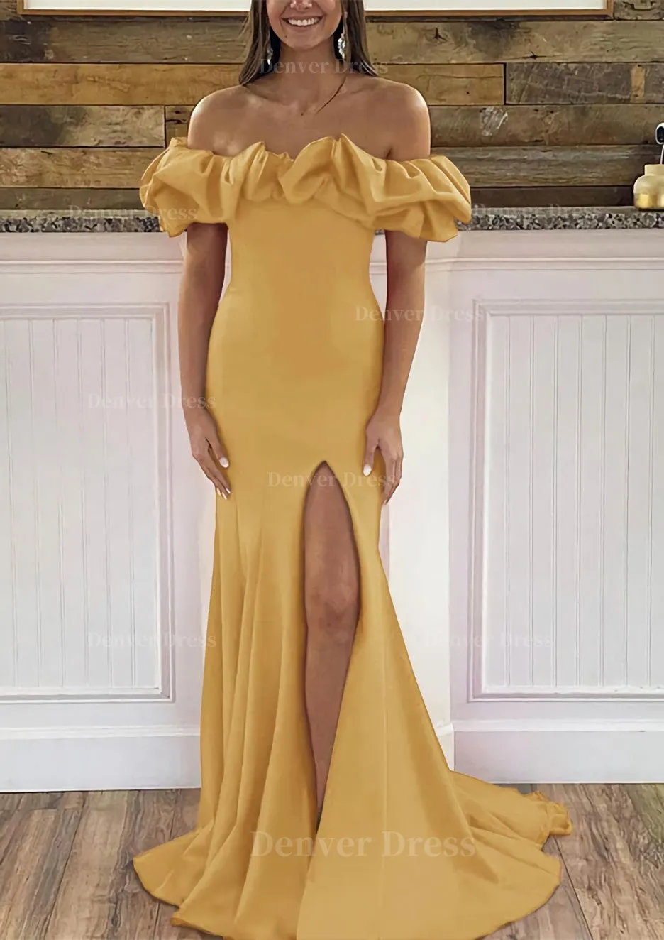 Sheath/Column Off-the-Shoulder Sleeveless Sweep Train Satin Prom Dress With Ruffles Split