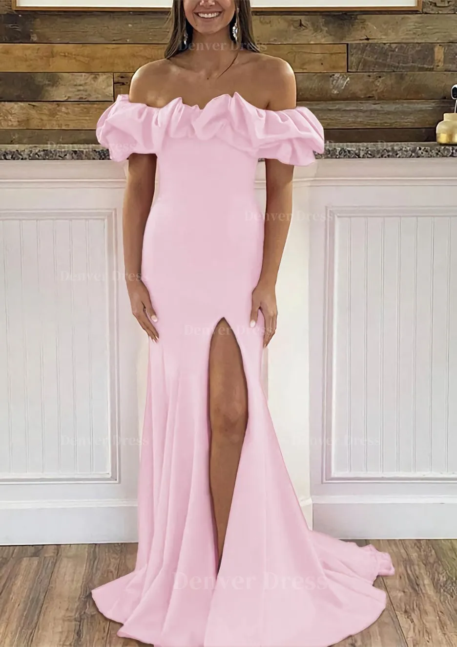 Sheath/Column Off-the-Shoulder Sleeveless Sweep Train Satin Prom Dress With Ruffles Split