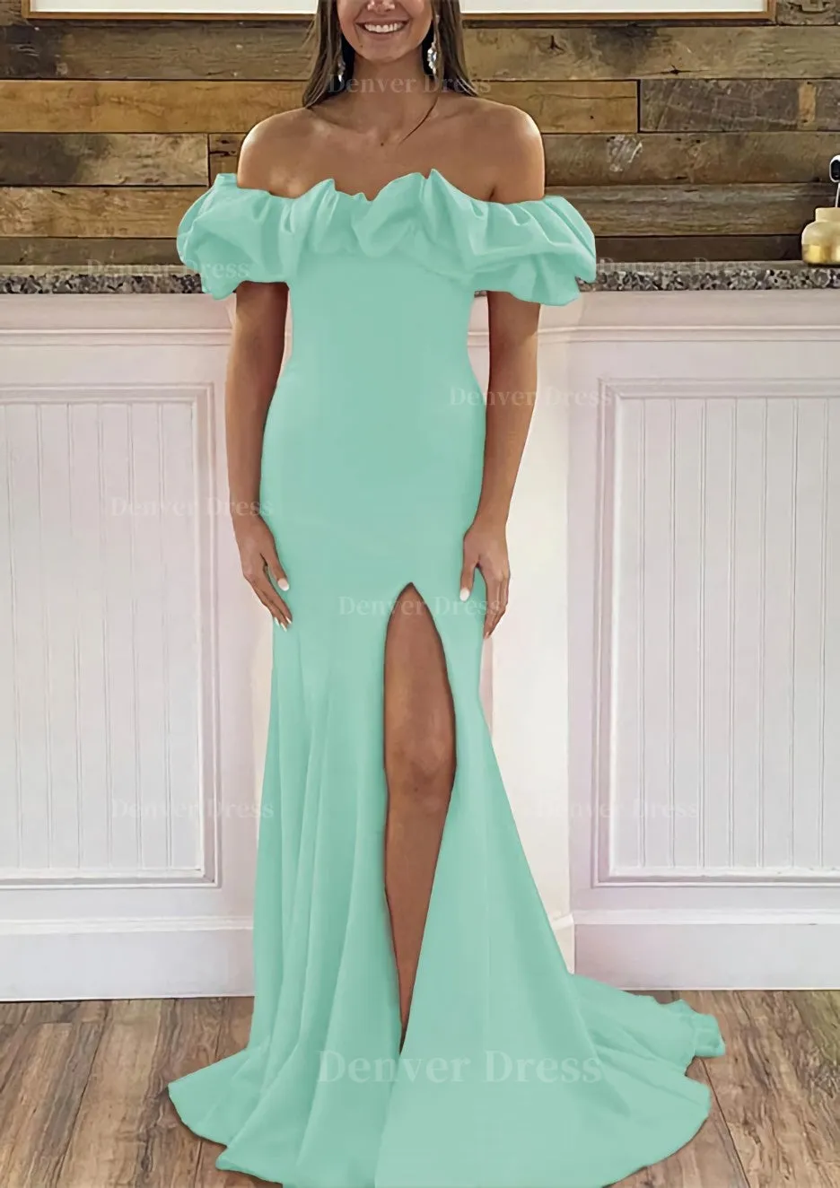 Sheath/Column Off-the-Shoulder Sleeveless Sweep Train Satin Prom Dress With Ruffles Split