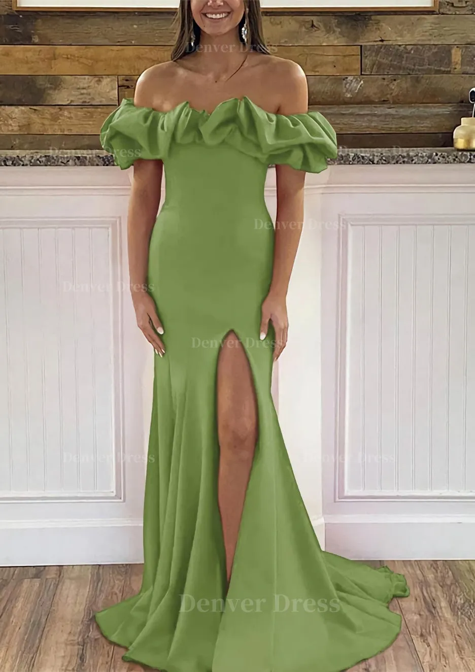 Sheath/Column Off-the-Shoulder Sleeveless Sweep Train Satin Prom Dress With Ruffles Split