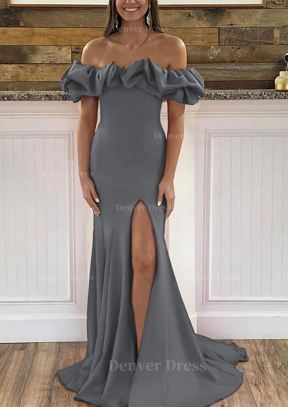 Sheath/Column Off-the-Shoulder Sleeveless Sweep Train Satin Prom Dress With Ruffles Split