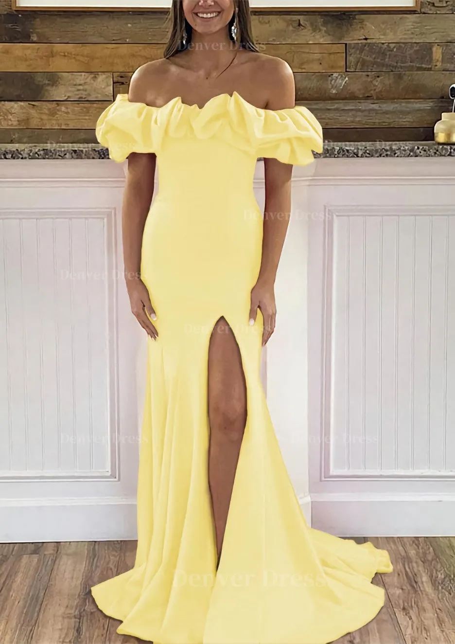 Sheath/Column Off-the-Shoulder Sleeveless Sweep Train Satin Prom Dress With Ruffles Split