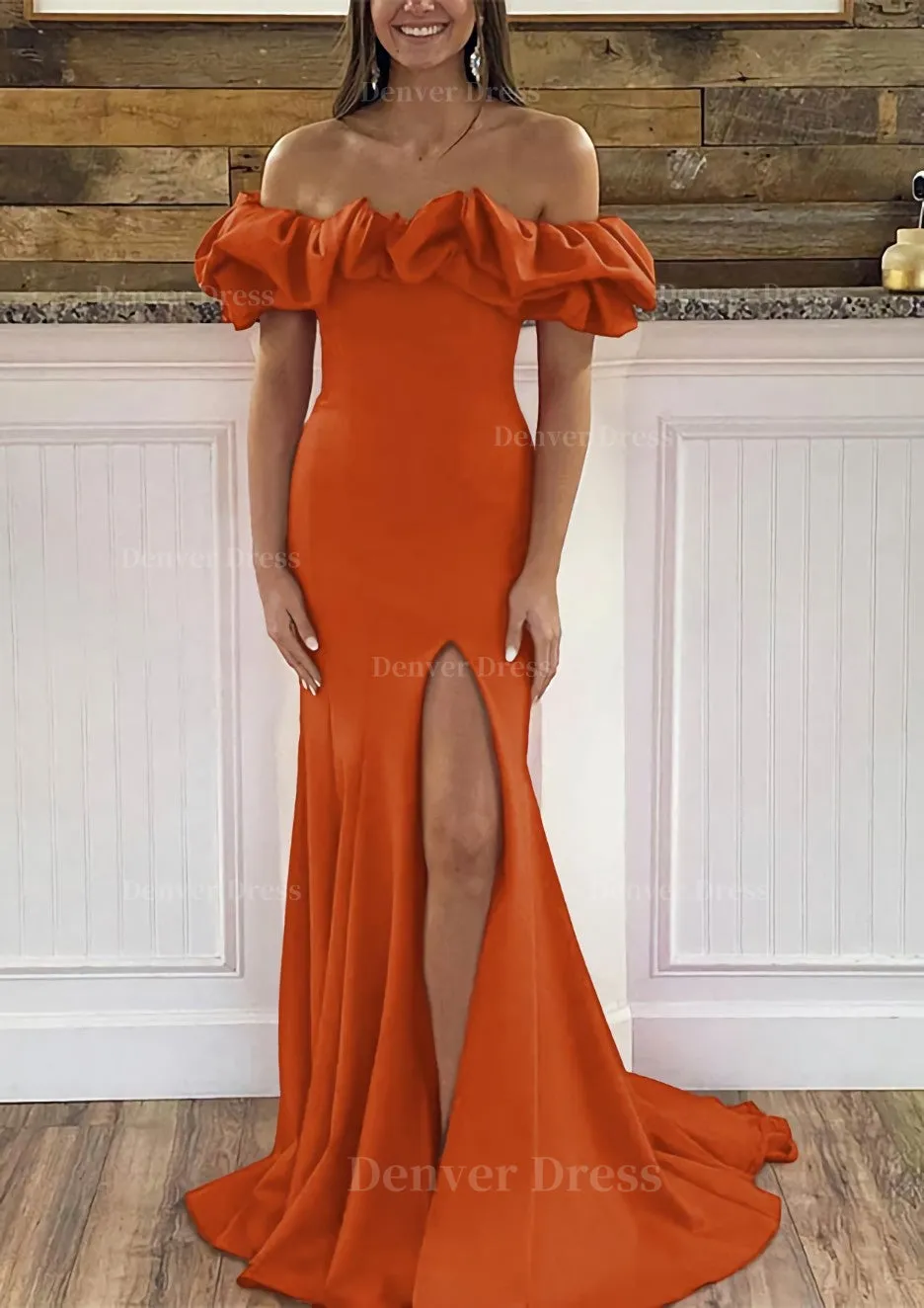 Sheath/Column Off-the-Shoulder Sleeveless Sweep Train Satin Prom Dress With Ruffles Split