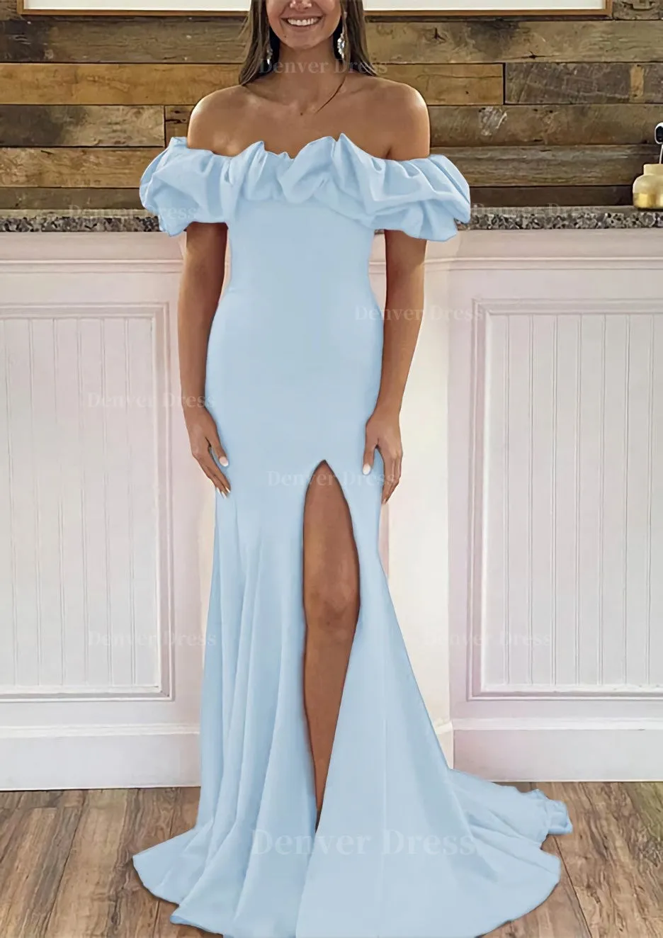 Sheath/Column Off-the-Shoulder Sleeveless Sweep Train Satin Prom Dress With Ruffles Split