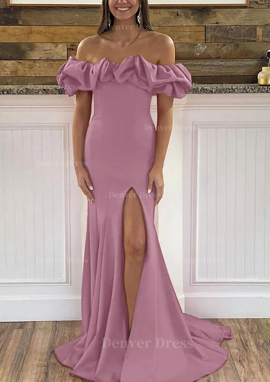Sheath/Column Off-the-Shoulder Sleeveless Sweep Train Satin Prom Dress With Ruffles Split