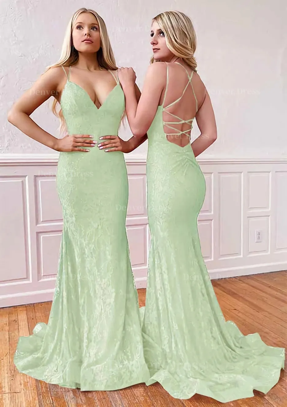 Trumpet/Mermaid Sleeveless Sweep Train Lace Prom Dress With Pleated