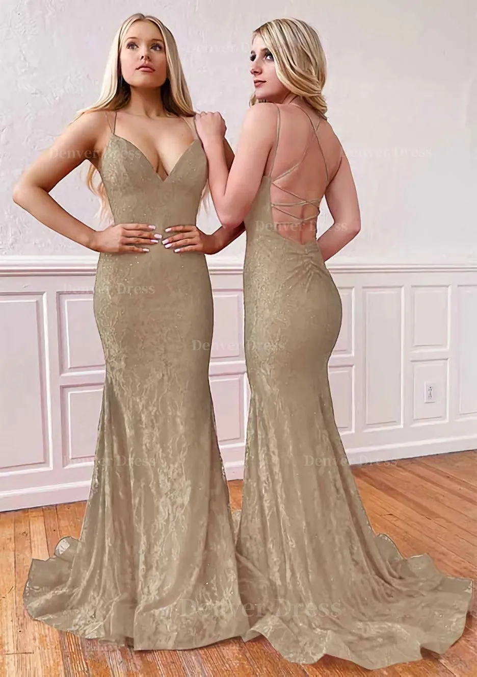 Trumpet/Mermaid Sleeveless Sweep Train Lace Prom Dress With Pleated