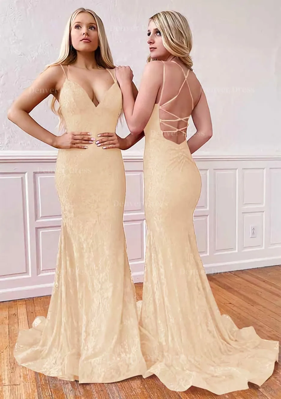 Trumpet/Mermaid Sleeveless Sweep Train Lace Prom Dress With Pleated