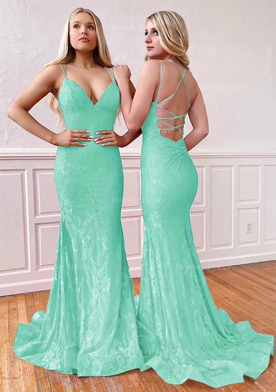 Trumpet/Mermaid Sleeveless Sweep Train Lace Prom Dress With Pleated