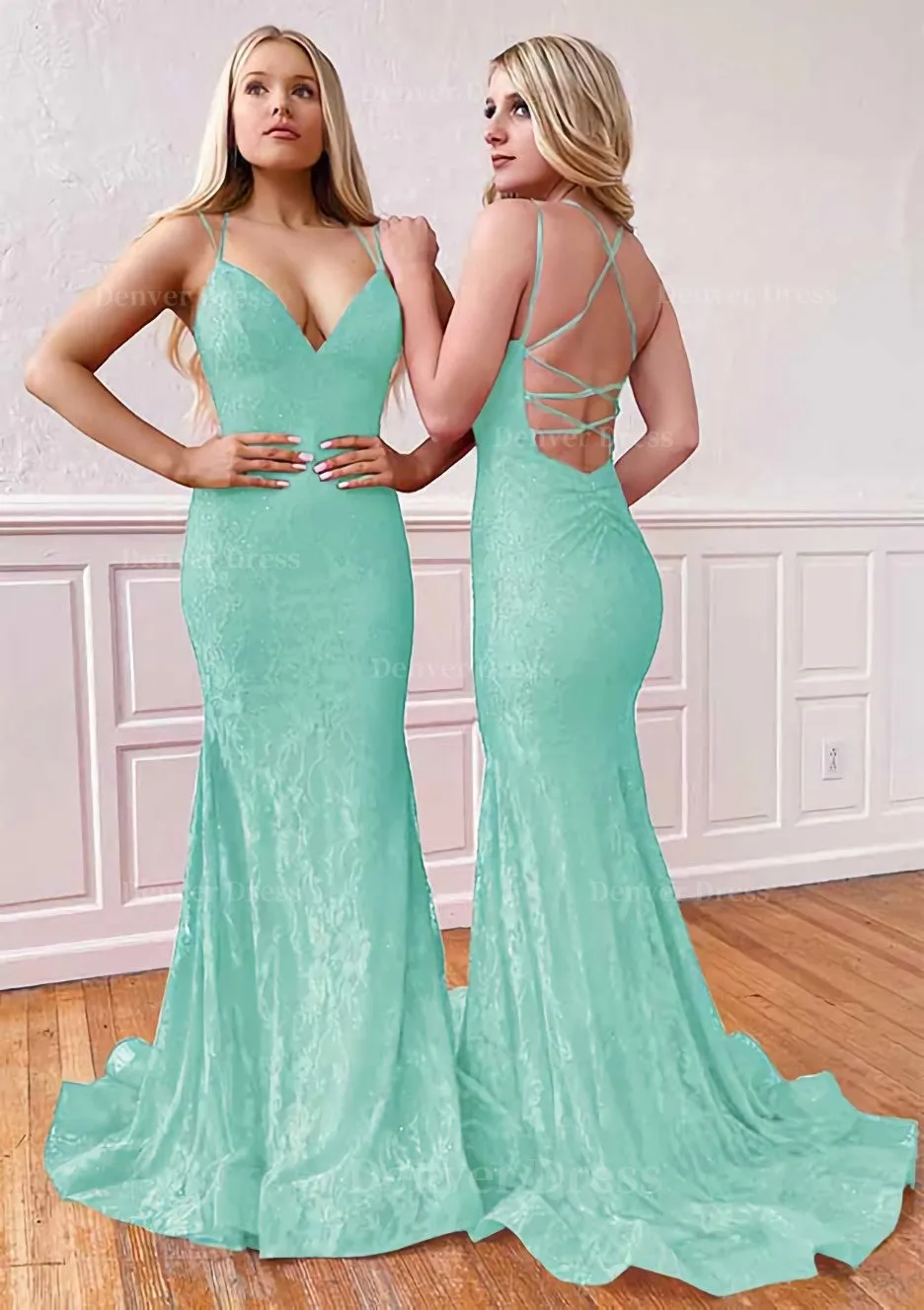 Trumpet/Mermaid Sleeveless Sweep Train Lace Prom Dress With Pleated