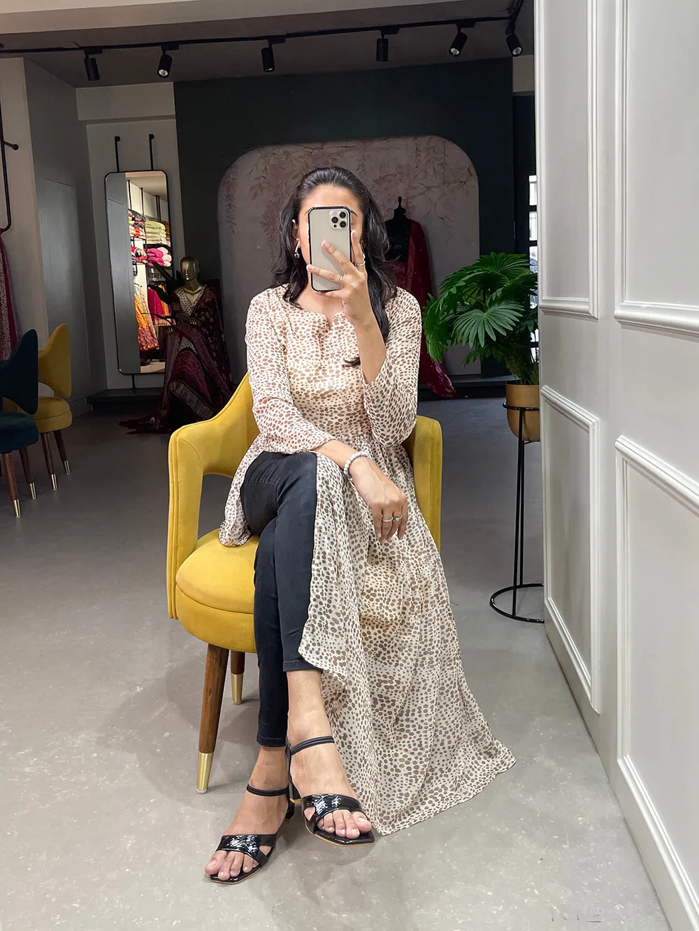 White Color Animal Print Chiffon Kurti