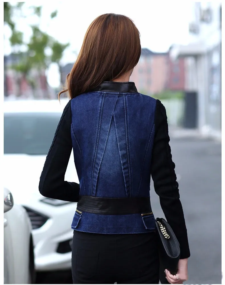 Winter Denim Coat Zipper Front Leather Patchwork