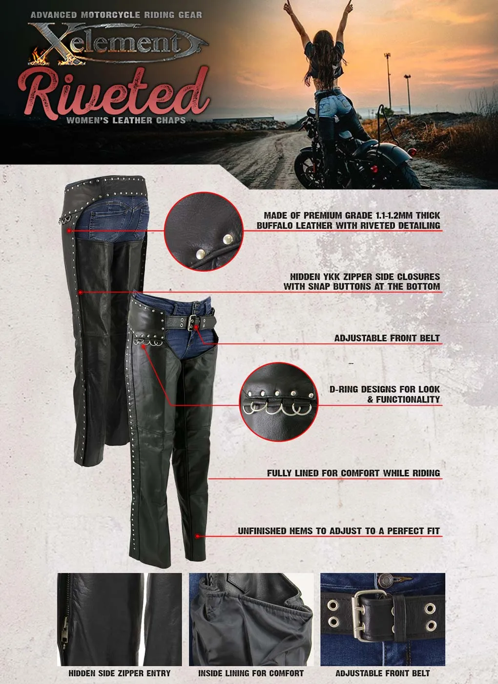 Xelement XS7590 Women's 'Riveted' Classic Black Leather Motorcycle
